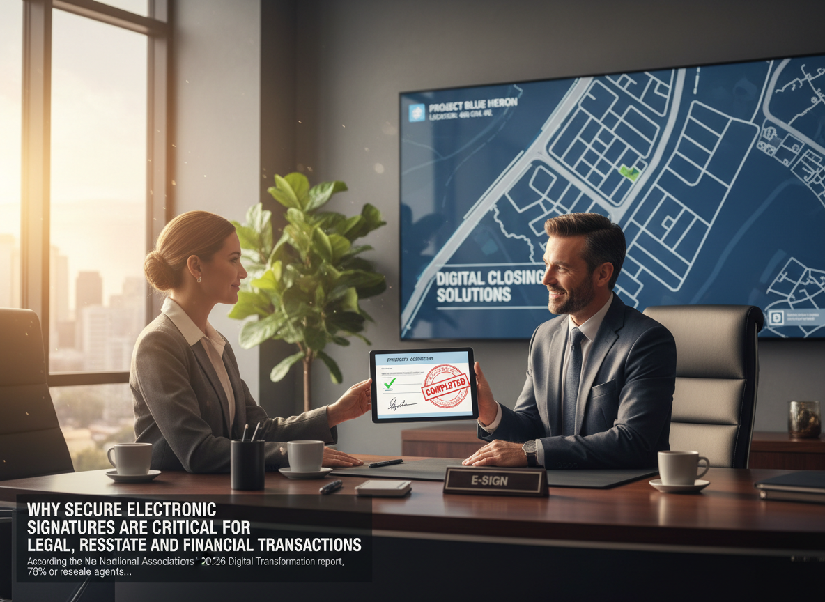 A real estate agent handing a tablet with a signed property agreement stamped 'Completed' to a client in a bright, modern office.